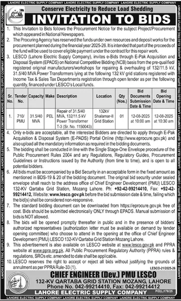 Lahore Electric Supply Company Limited Lahore Tender Notice